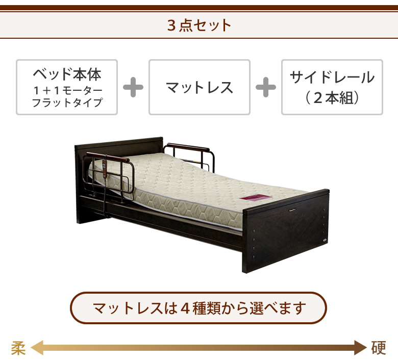 ベッドとマットレスとサイドレールの３点セット ベッド本体＋エルダーサポートワイドマットレス＋サイドレール ケアレットドルーチェ