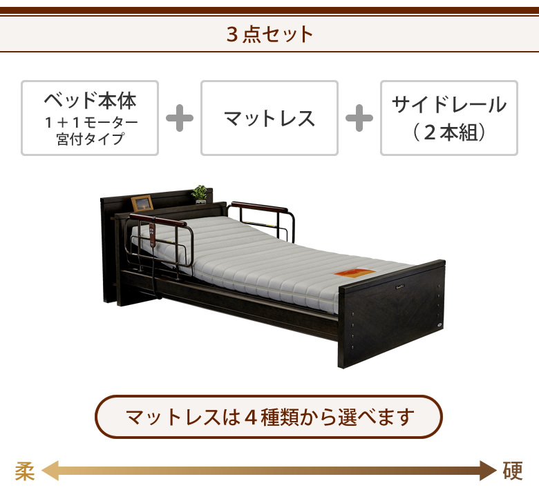 ベッドとマットレスとサイドレールの３点セット ベッド本体＋硬質ウレタンマットレス＋サイドレール ケアレットドルーチェ