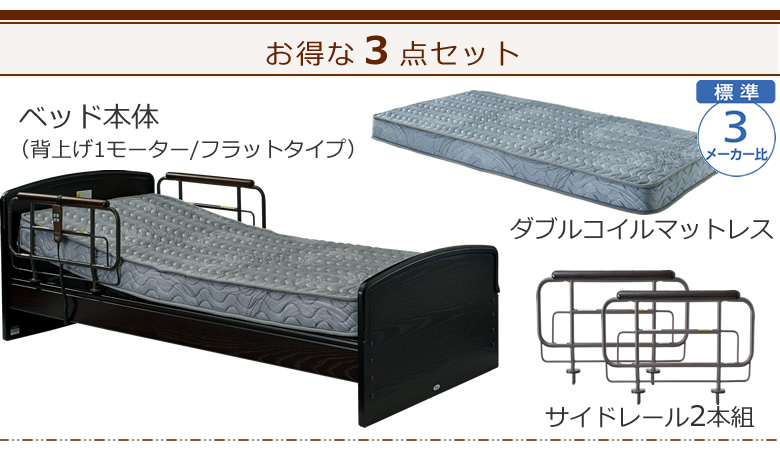 ベッドとマットレスとサイドレールの３点セット ベッド本体＋ダブルコイルマットレス＋サイドレール ケアレットネオアルファⅡ