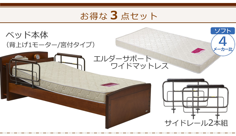 ベッドとマットレス＋サイドレールの３点セット ベッド本体＋エルダーサポートワイドマットレス ケアレットフォルテⅡ