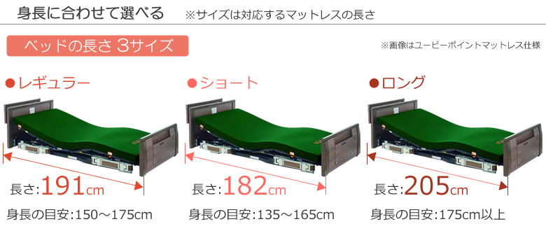 身長に合わせて選べるベッド3サイズ