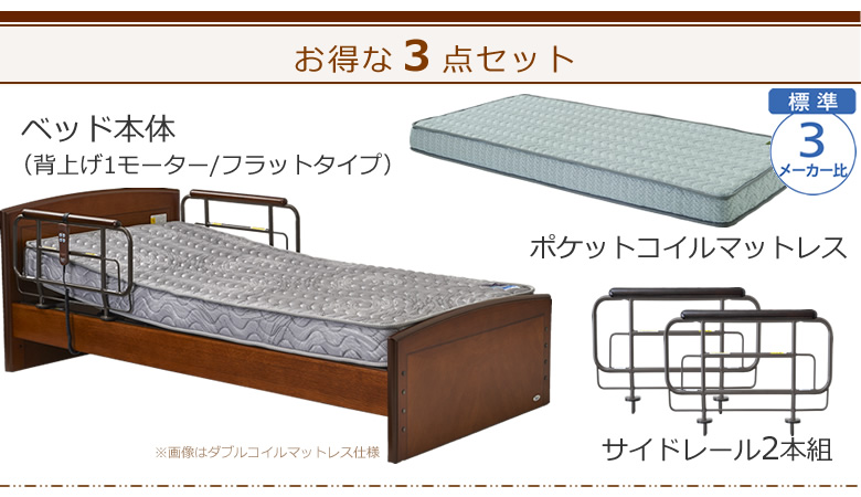 ベッドとマットレスとサイドレールの３点セット ベッド本体＋ポケットコイルマットレス＋サイドレール ケアレットフォルテⅡ